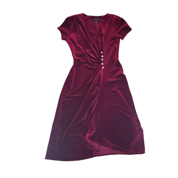 *SOLD* Signature by Robbie bee women's red velvet pleated rhinestone dress, 4P - Picture 2 of 7